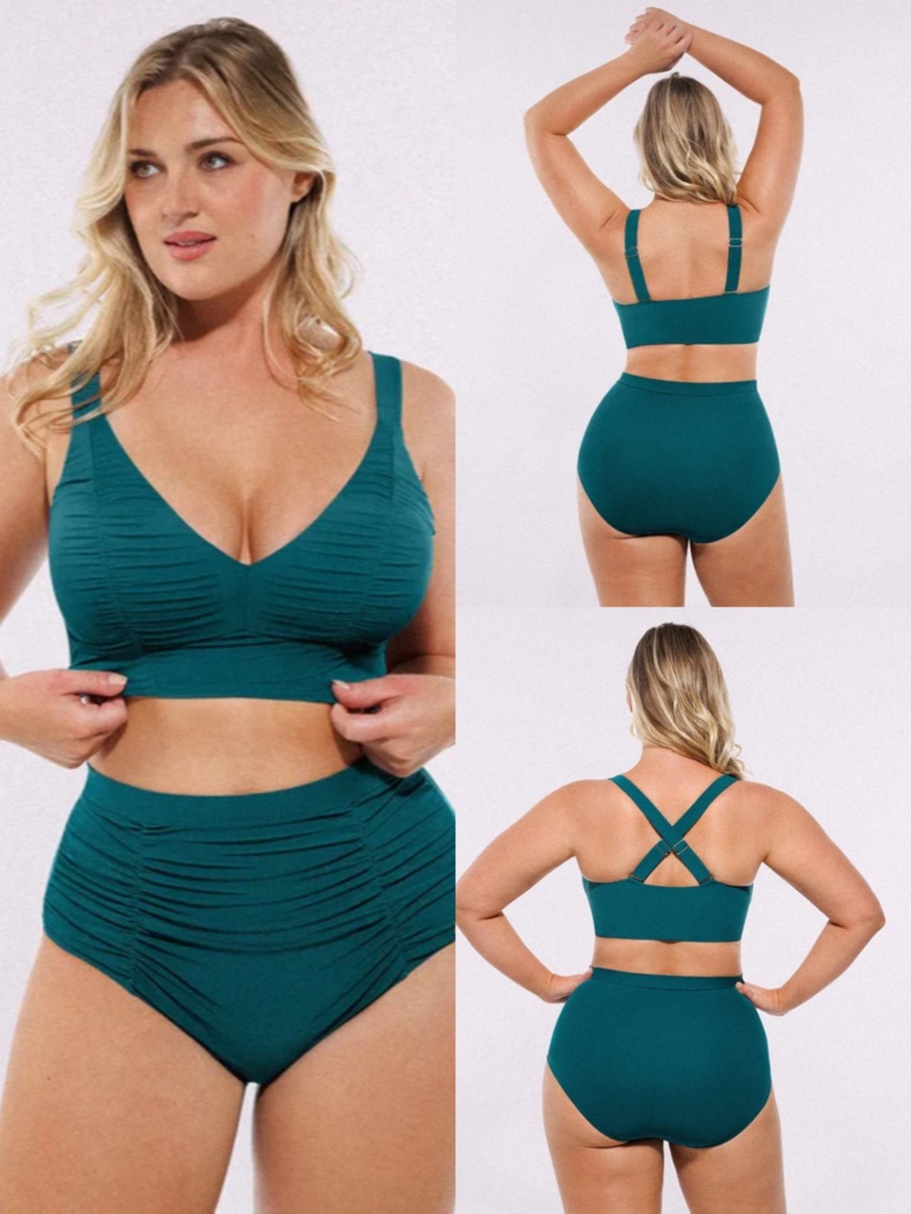 Ruched V-Neck Bikini Top & High-Waisted Bottom Set - Sz XL - Deep Teal